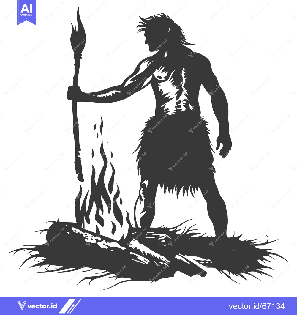 Premium Vector dari A Silhouette of a Primitive Man Holding a Spear and Standing Near a Fi