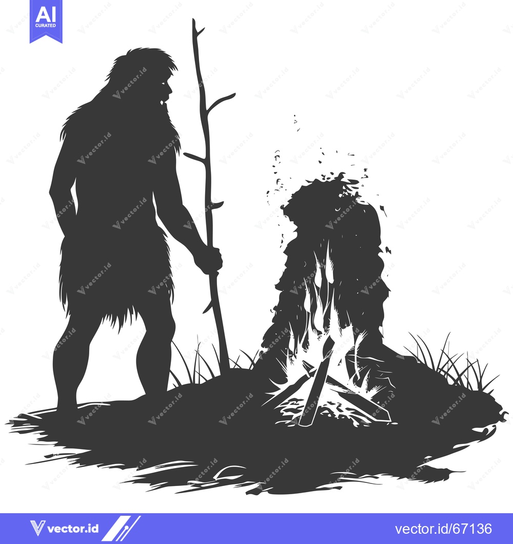 Premium Vector of Silhouette of a Neanderthal Man by a Fire