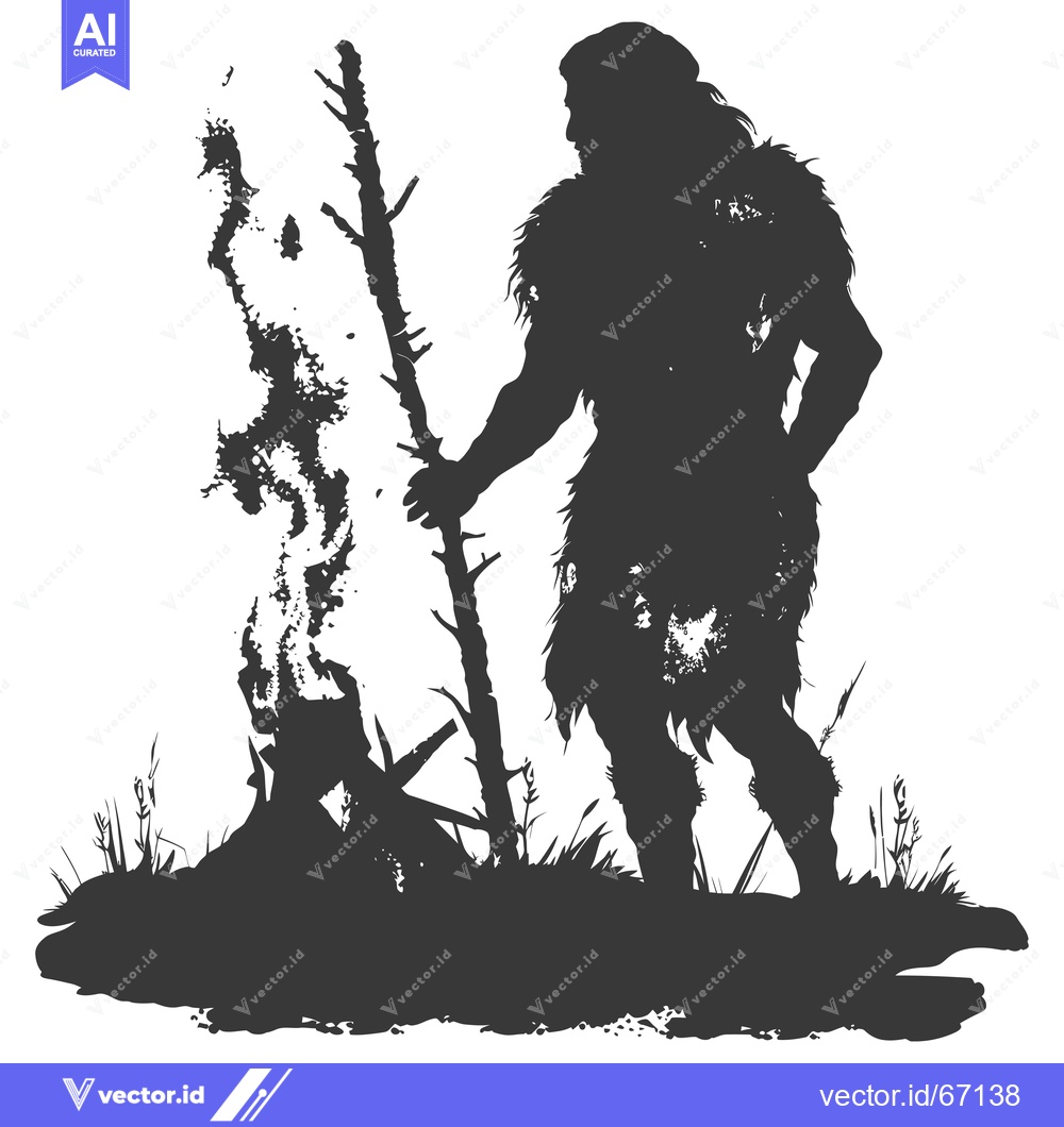 Premium Vector dari Silhouette of a Neanderthal Man Holding a Branch by a Fire