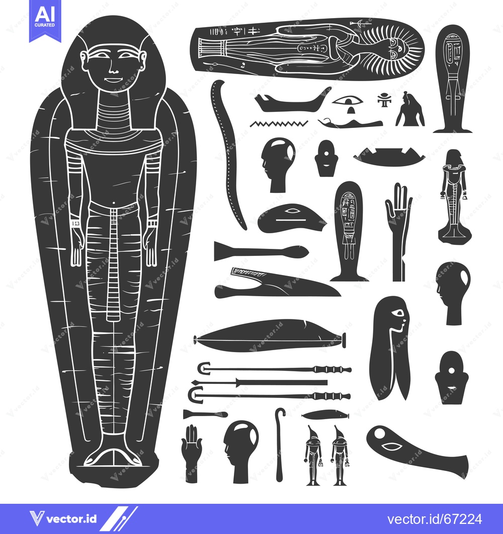 Premium Vector dari Ancient Egyptian Mummy and Burial Artifacts in Black and White