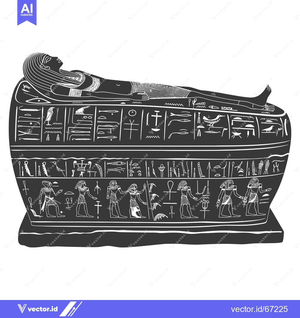 Premium Vector of An Egyptian sarcophagus with hieroglyphs and a deceased person inside.