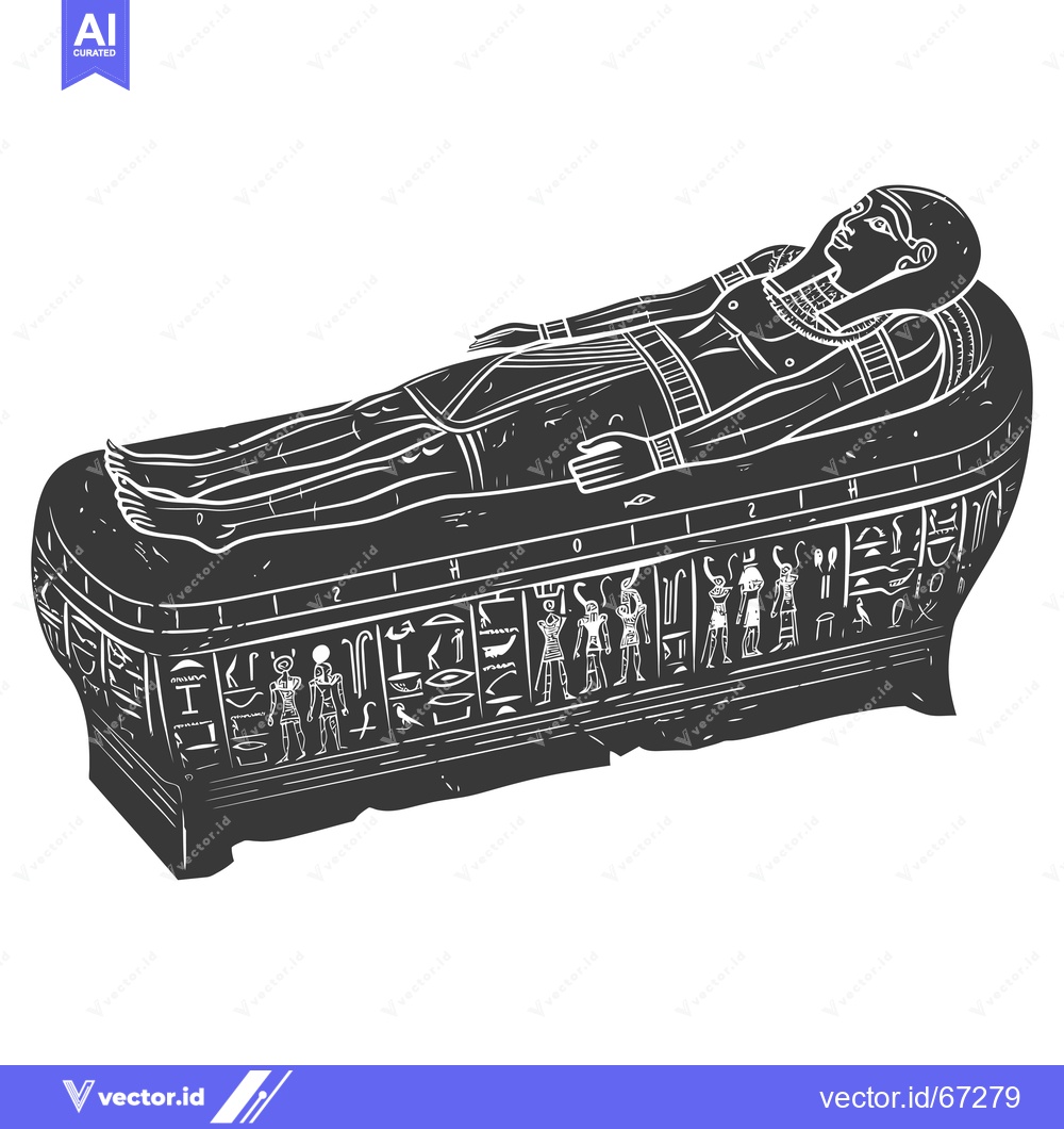 Premium Vector dari Carved Egyptian Sarcophagus with Hieroglyphics and a Deceased Pharaoh