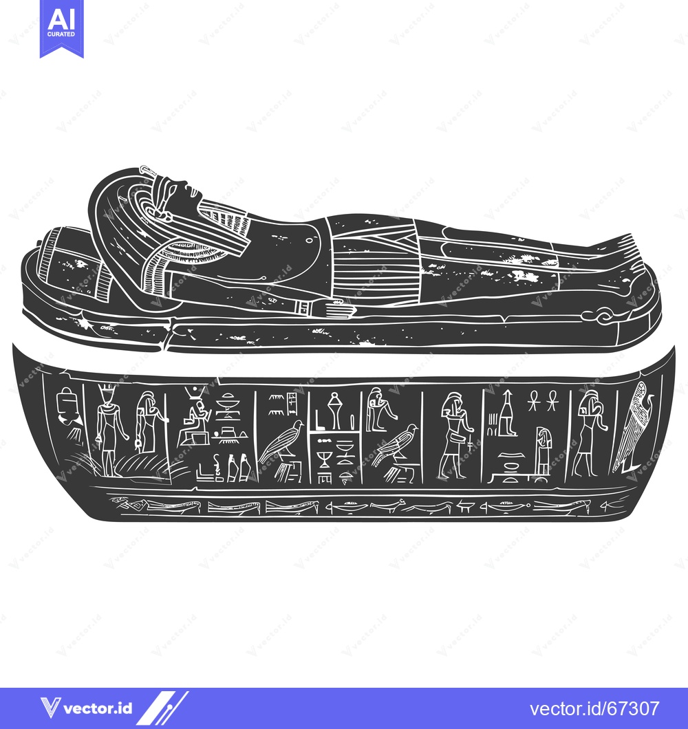 Premium Vector dari Egyptian Sarcophagus with Hieroglyphics and Reclining Mummy Figure