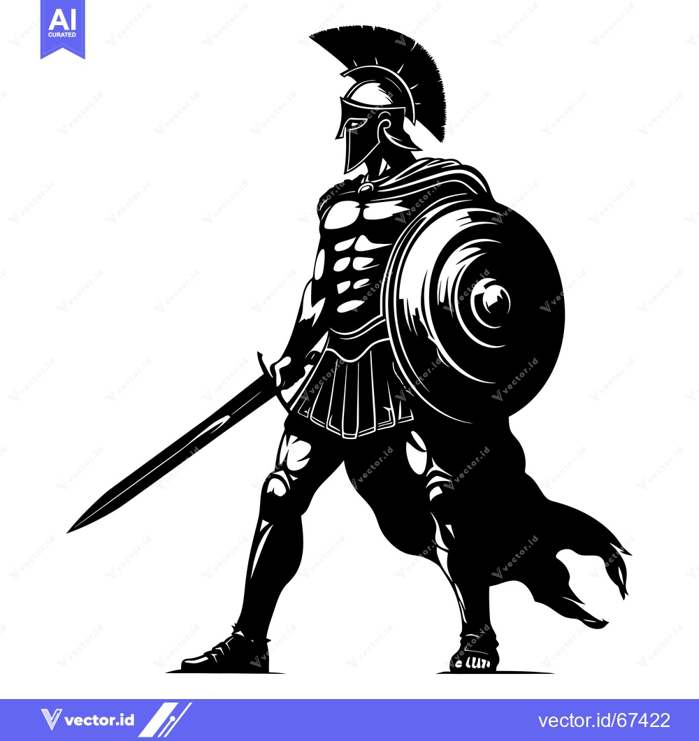 Premium Vector dari A Black and White Silhouette of a Greek Warrior Holding a Sword and Sh