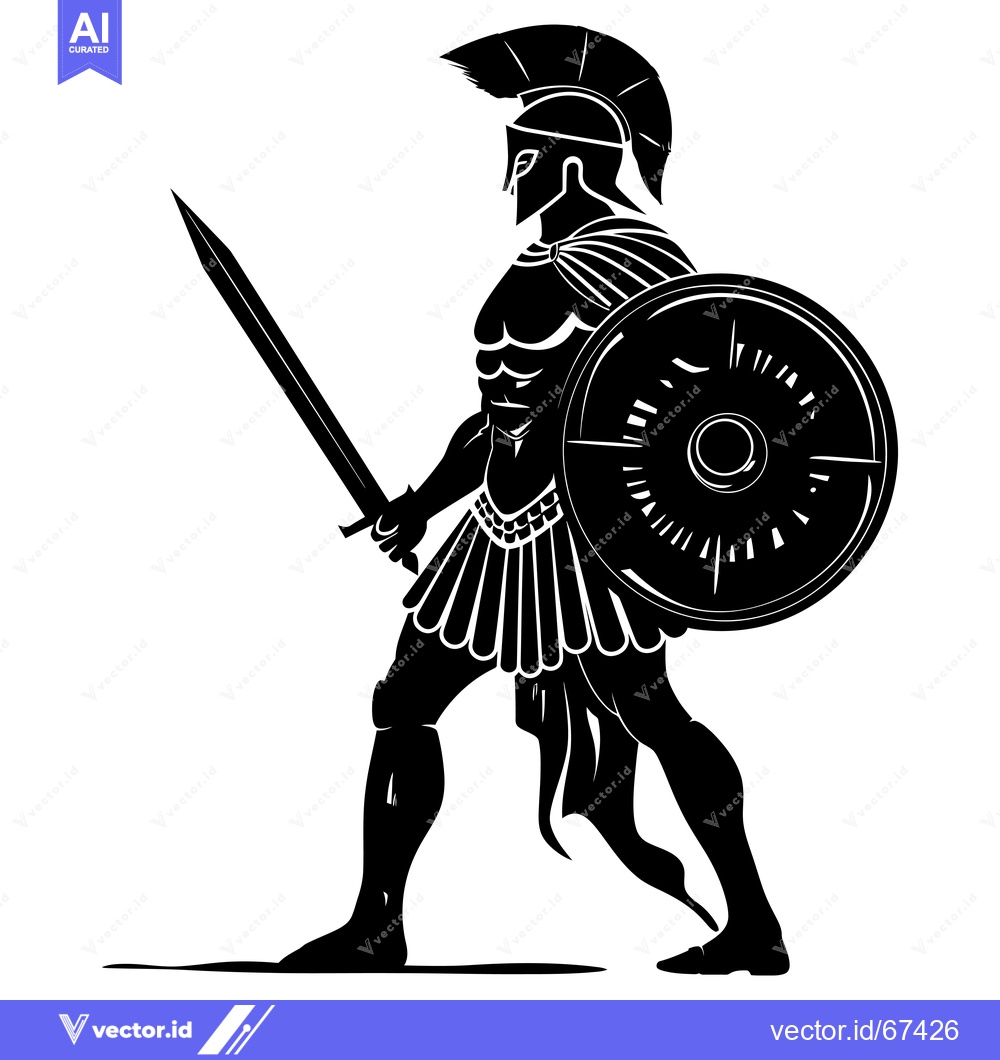 Premium Vector dari Black and White Silhouette of a Greek Warrior with a Sword and Shield