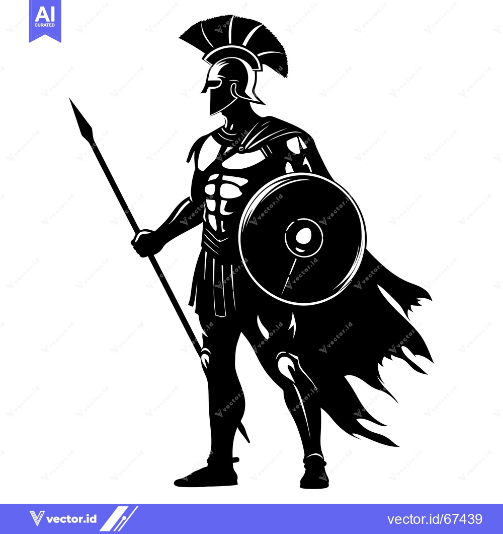 Premium Vector of Black and White Silhouette of a Greek Warrior Holding a Spear and Shie