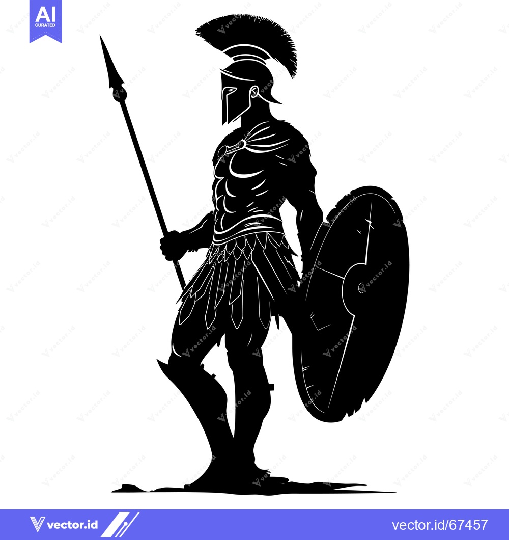 Premium Vector of Black and White Silhouette of a Spartan Warrior Holding a Spear and Sh