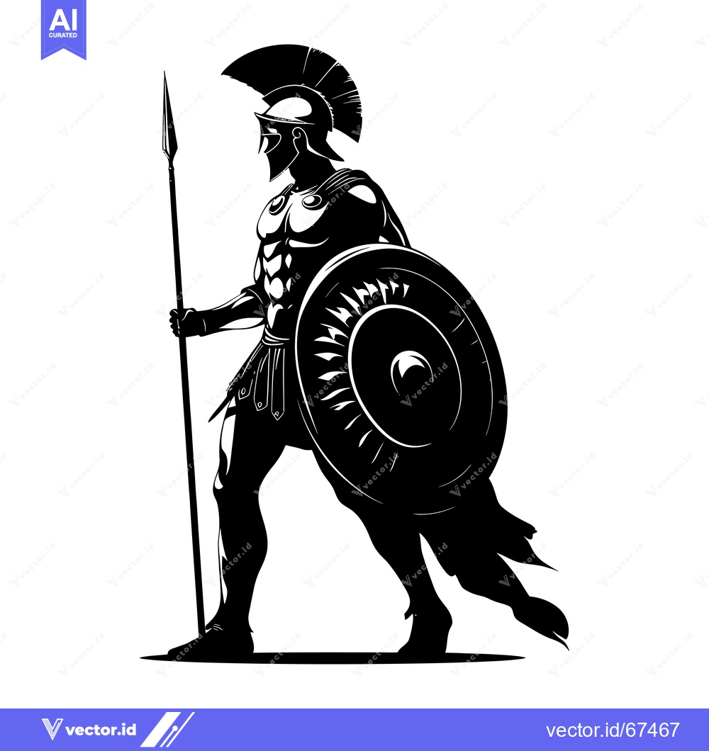 Premium Vector dari Black and White Silhouette of a Spartan Warrior with Spear and Shield