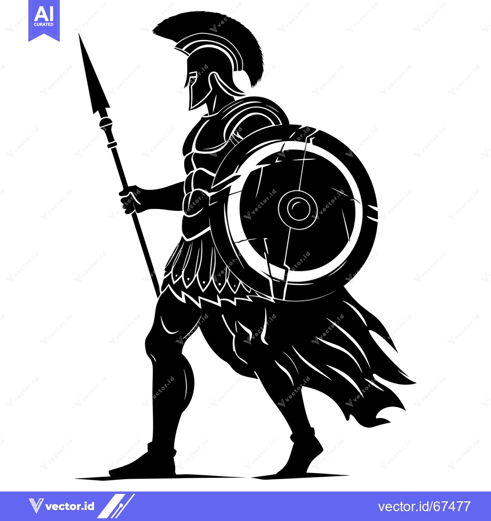 Premium Vector dari Black and White Silhouette of a Greek Warrior with a Spear and Shield