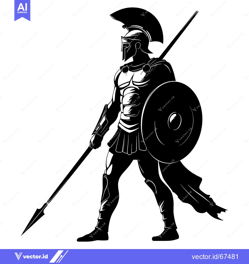 Premium Vector dari Black and White Silhouette of a Spartan Warrior with a Spear and Shiel