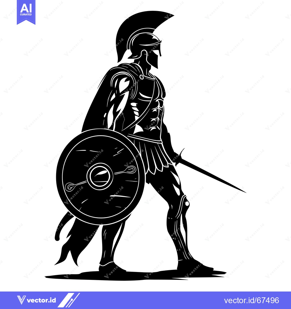 Premium Vector of A Spartan Warrior in Full Armor, Holding a Shield and Sword