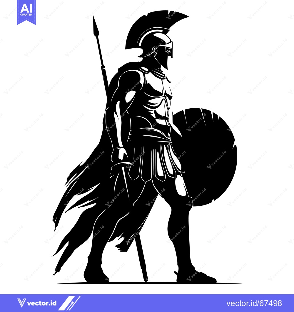 Premium Vector dari Silhouetted Spartan Warrior Holding a Spear and Shield