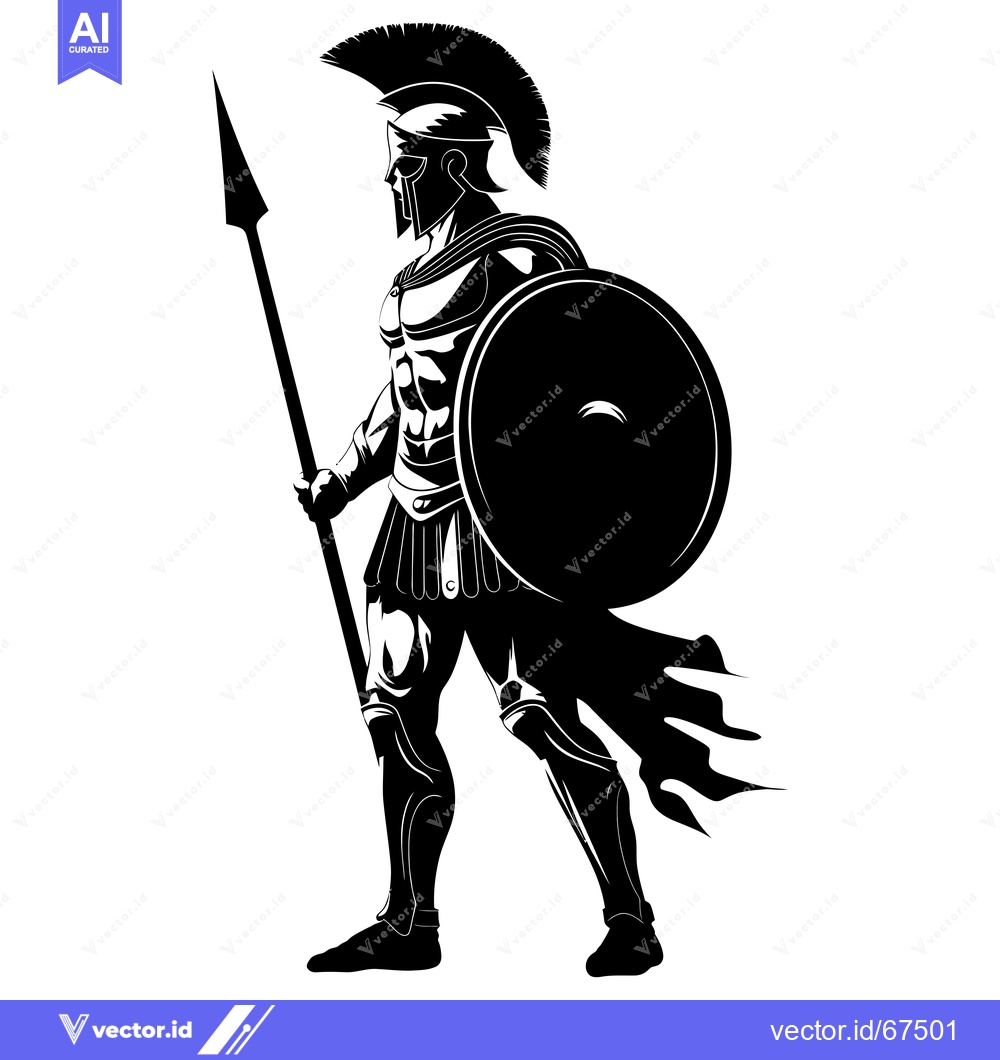Premium Vector of A Silhouetted Spartan Warrior Holding a Spear and Shield
