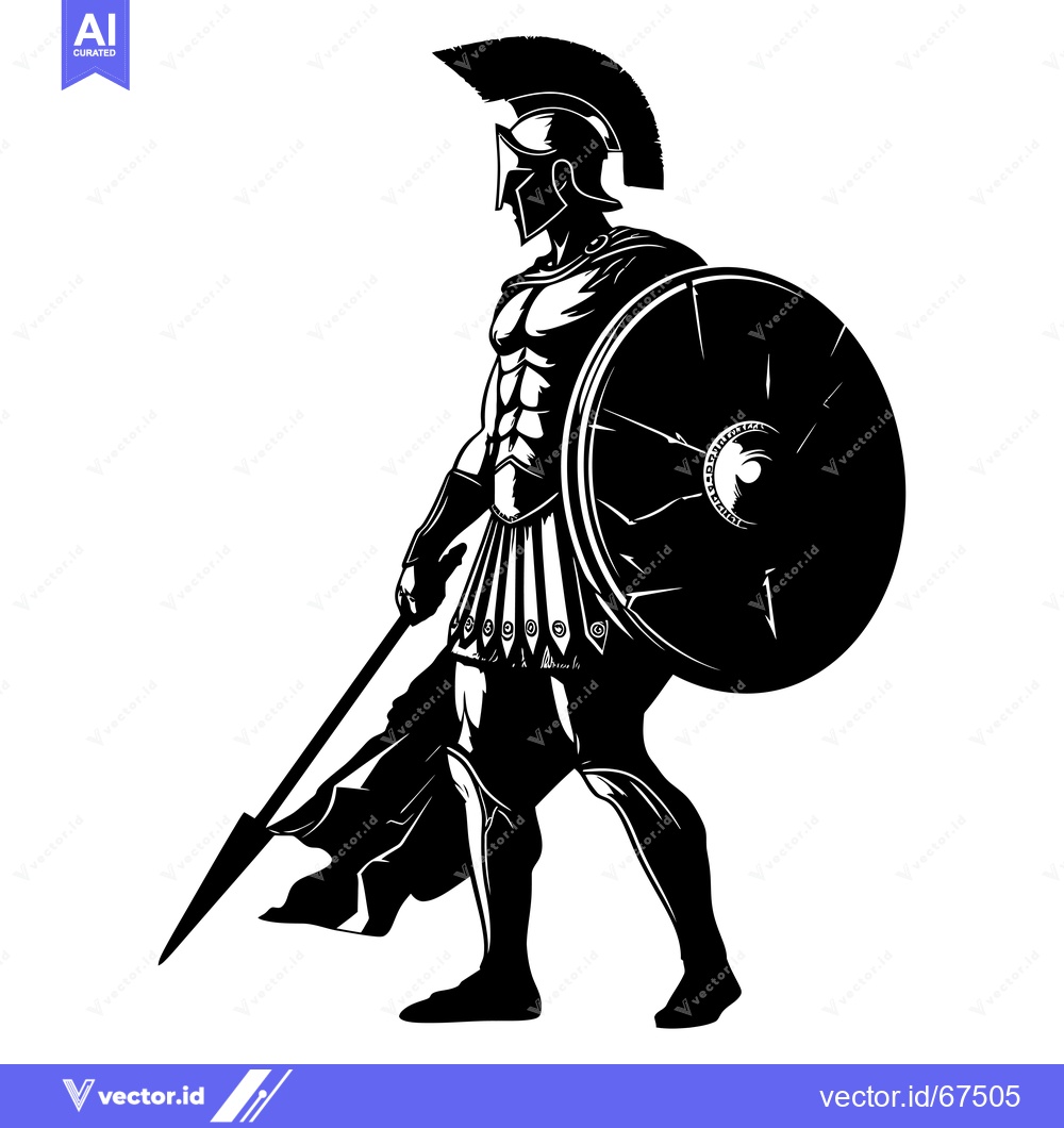 Premium Vector of A Silhouetted Spartan Warrior Holding a Spear and Shield