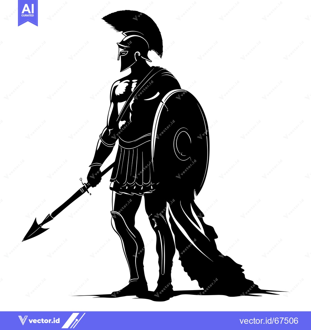 Premium Vector dari A Black and White Silhouette of a Spartan Warrior Holding a Spear and