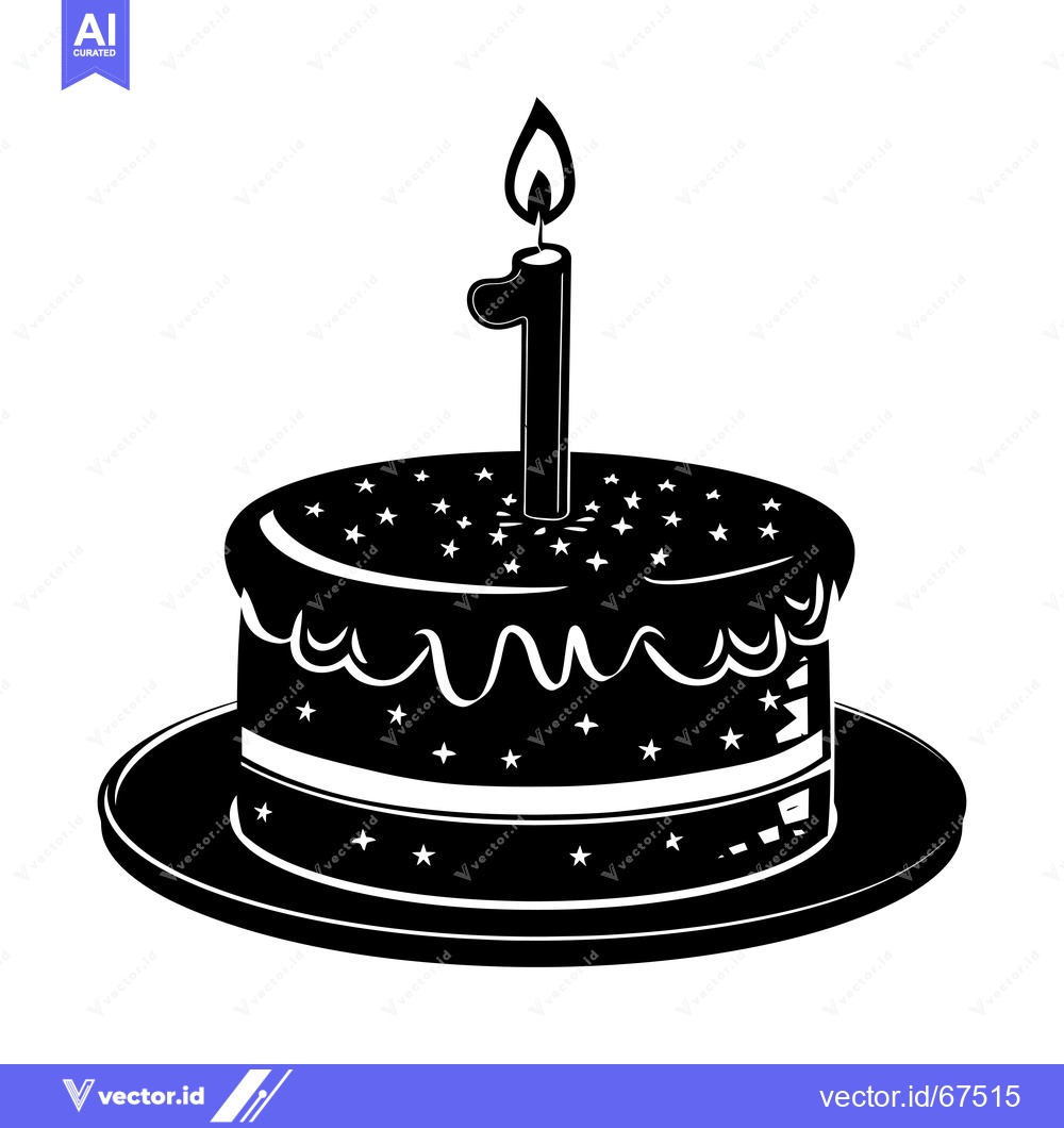 Premium Vector of Black and White Illustration of a Birthday Cake with a Single Candle