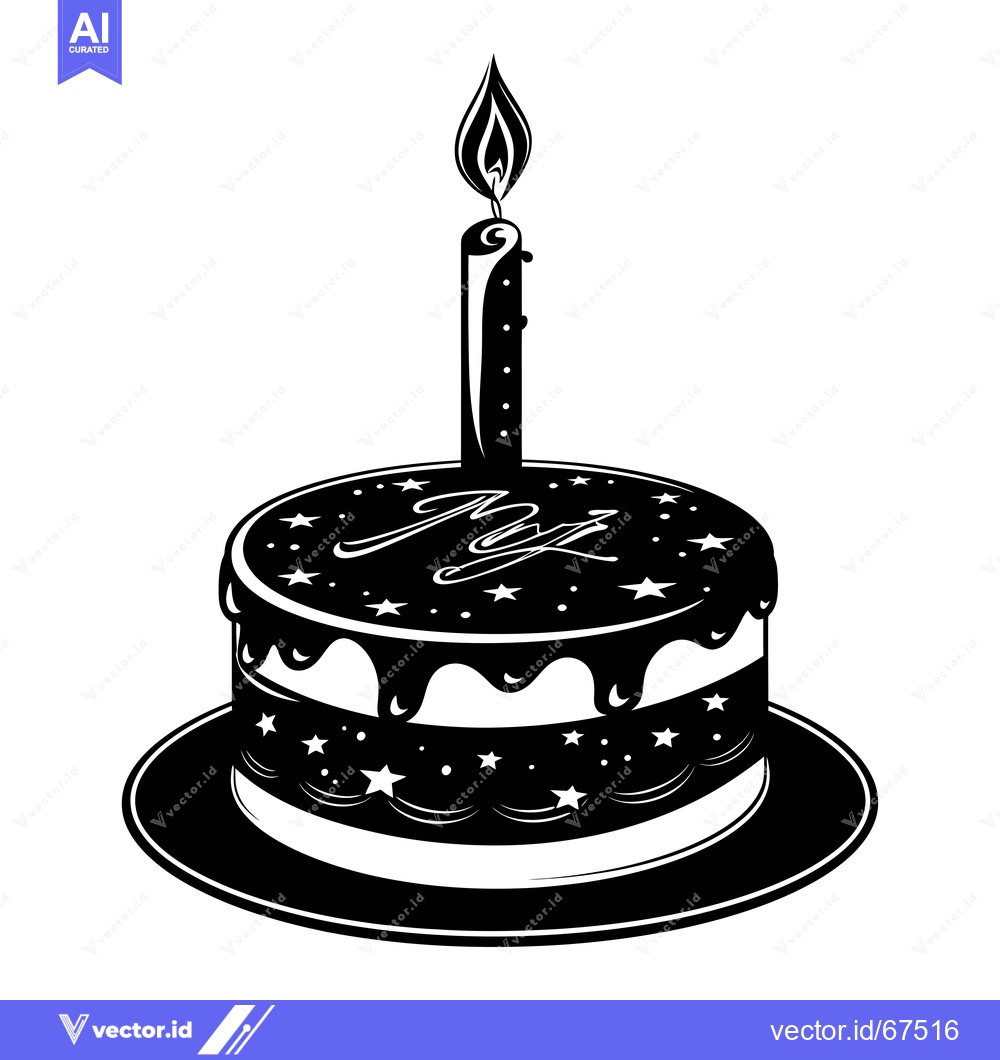 Premium Vector of Black and White Birthday Cake with a Single Lit Candle