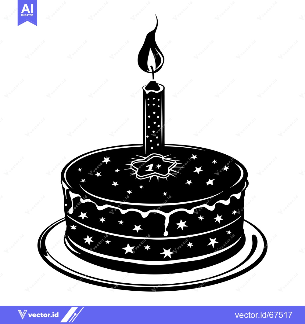 Premium Vector dari Black and White Silhouette of a Birthday Cake with One Lit Candle