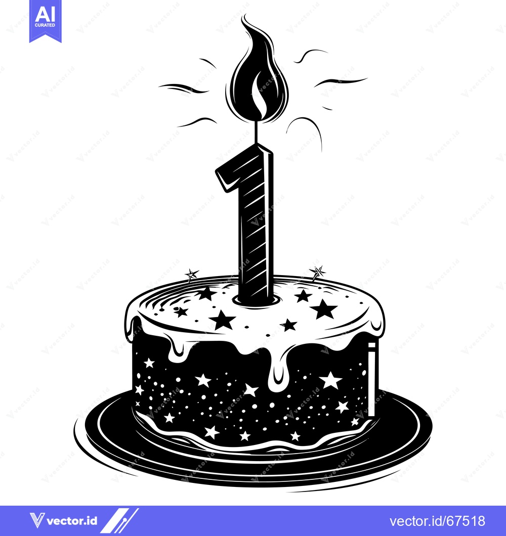 Premium Vector dari Black and White Illustration of a Birthday Cake with a Candle Number O