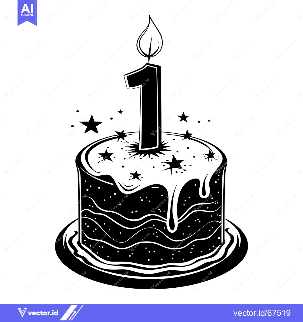 Premium Vector of Black and White Birthday Cake with One Candle and Stars