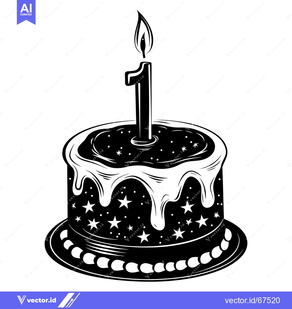Premium Vector dari Black and White Birthday Cake with One Candle and Stars