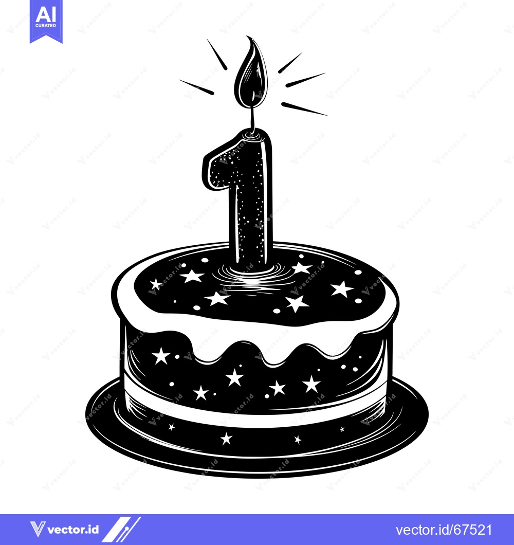 Premium Vector of Black and White Birthday Cake with Number One Candle and Stars