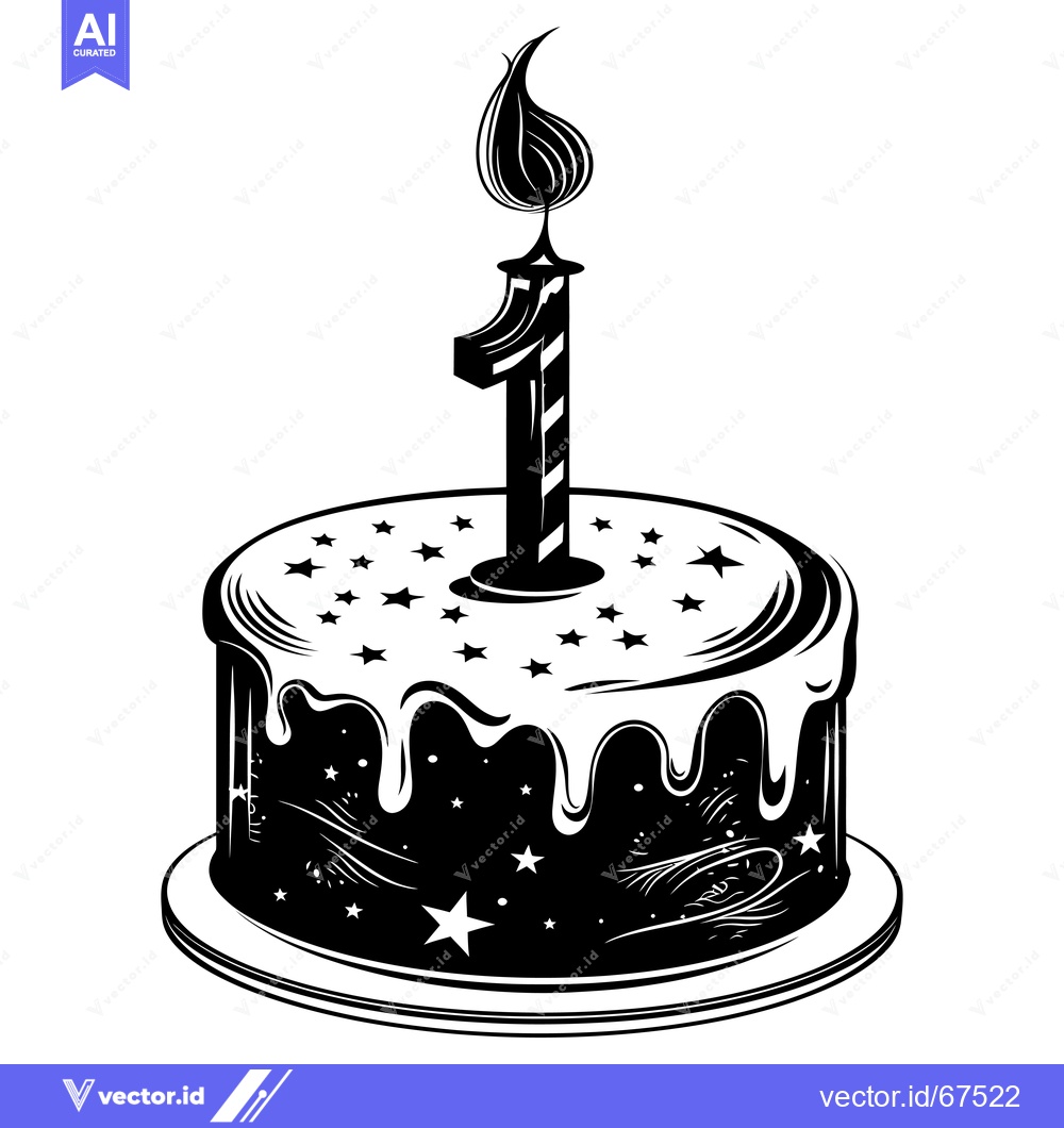 Premium Vector dari Black and White Illustration of a Birthday Cake with a Single Lit Cand