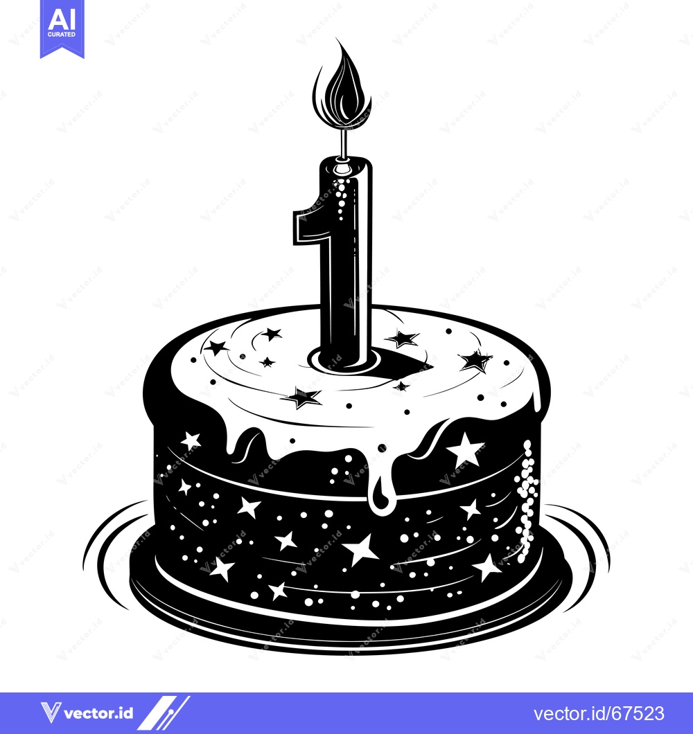 Premium Vector dari Black and White Birthday Cake with Number One Candle