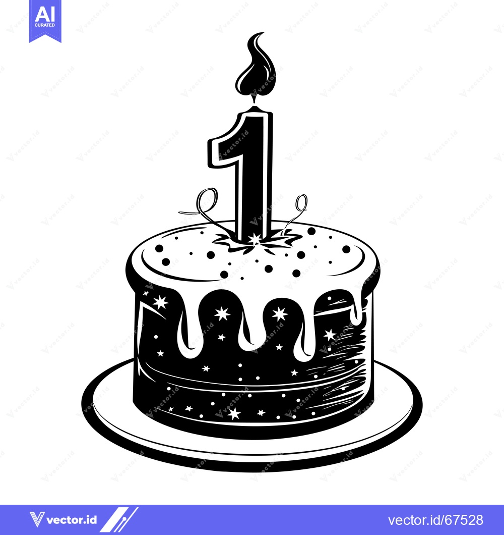 Premium Vector of A Black and White Illustration of a Cake with a Number One Candle