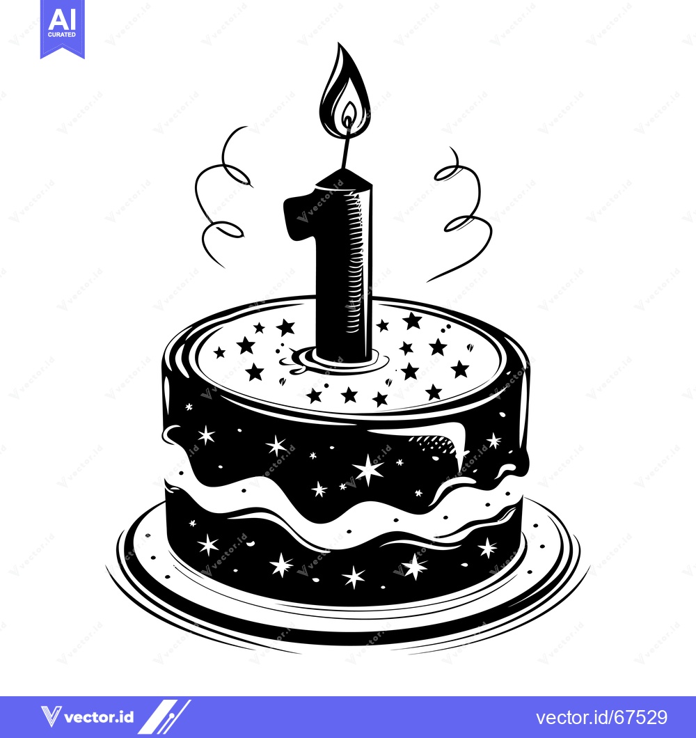 Premium Vector of A Black and White Illustration of a Birthday Cake with a Single Candle