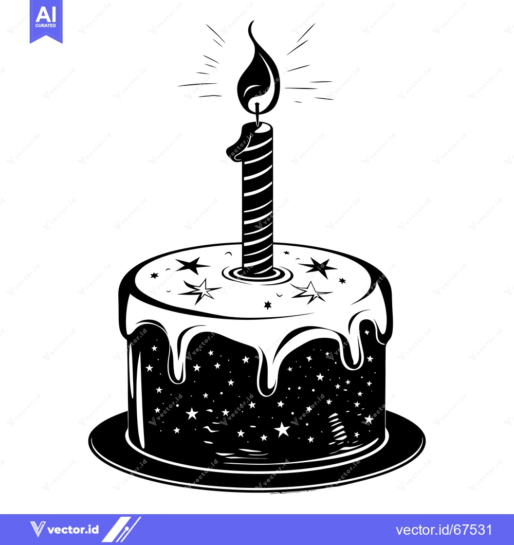 Premium Vector of Black and White Illustration of a Birthday Cake with a Lit Candle