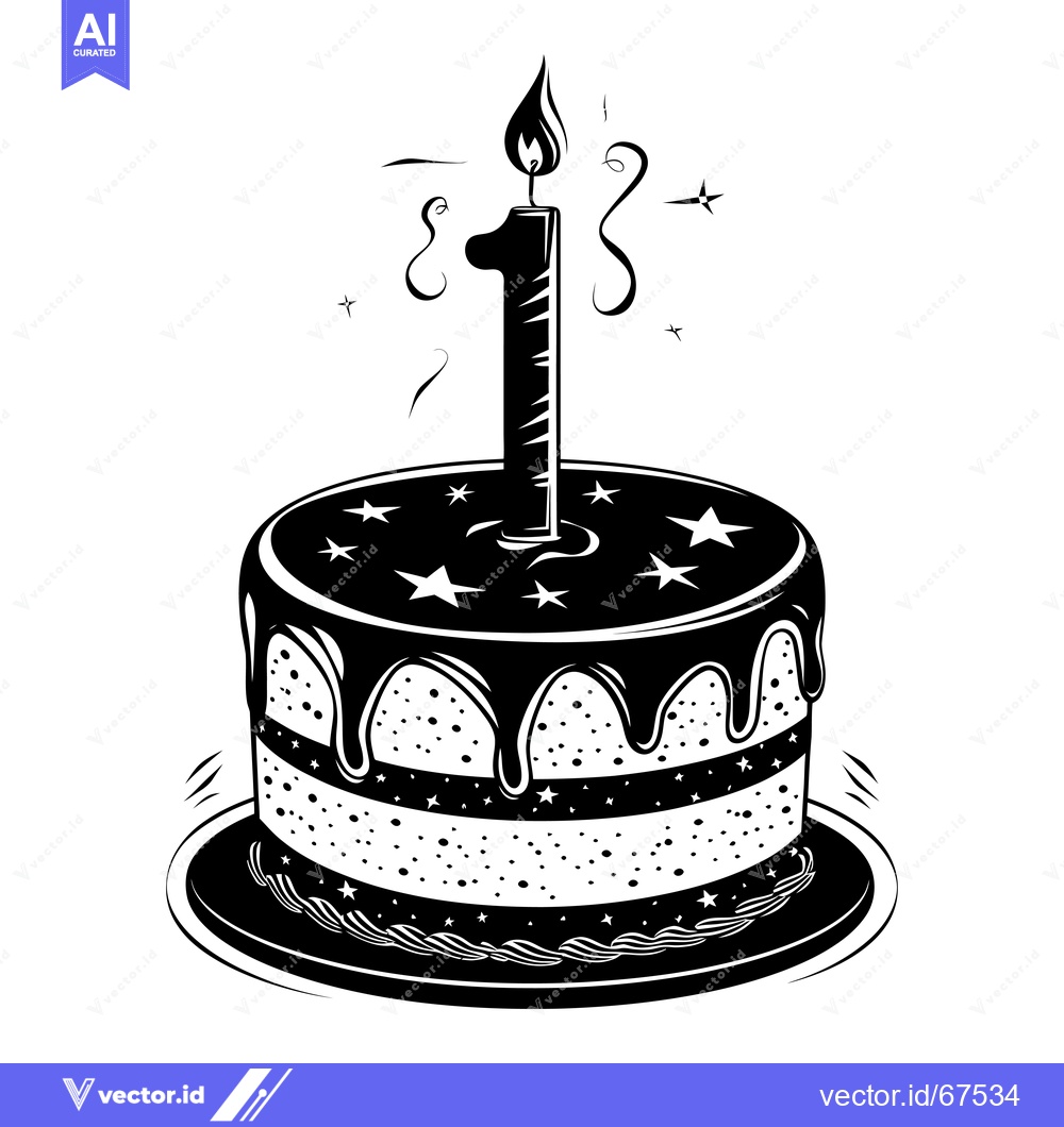 Premium Vector dari Black and White Illustration of a Birthday Cake with a Single Lit Cand