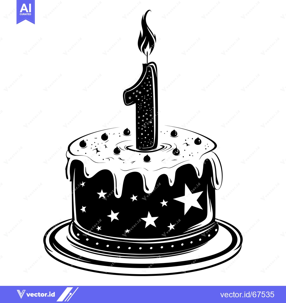 Premium Vector dari A Black and White Illustration of a Birthday Cake with a Single Lit Ca
