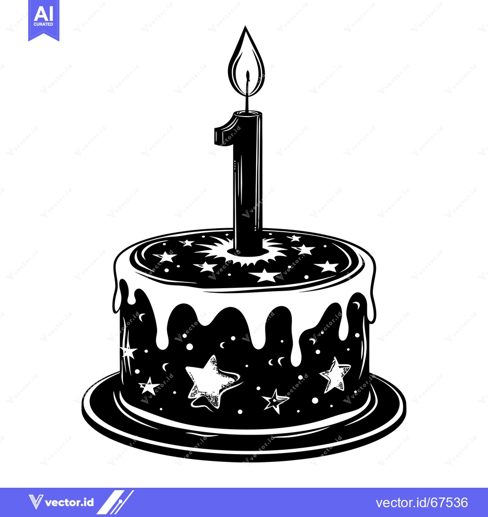 Premium Vector dari A Black and White Illustration of a Birthday Cake with a Single Lit Ca