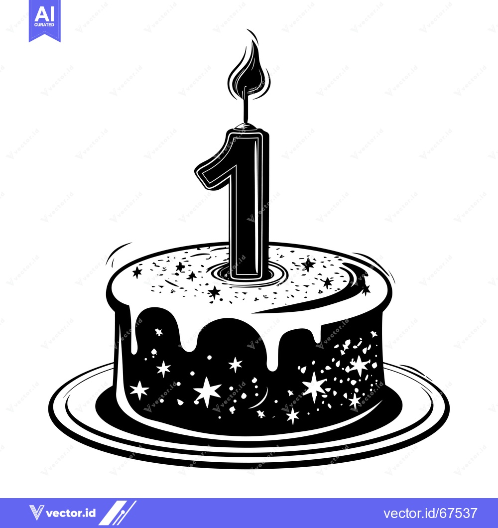 Premium Vector dari Black and White Illustration of a Birthday Cake with a Single Candle N