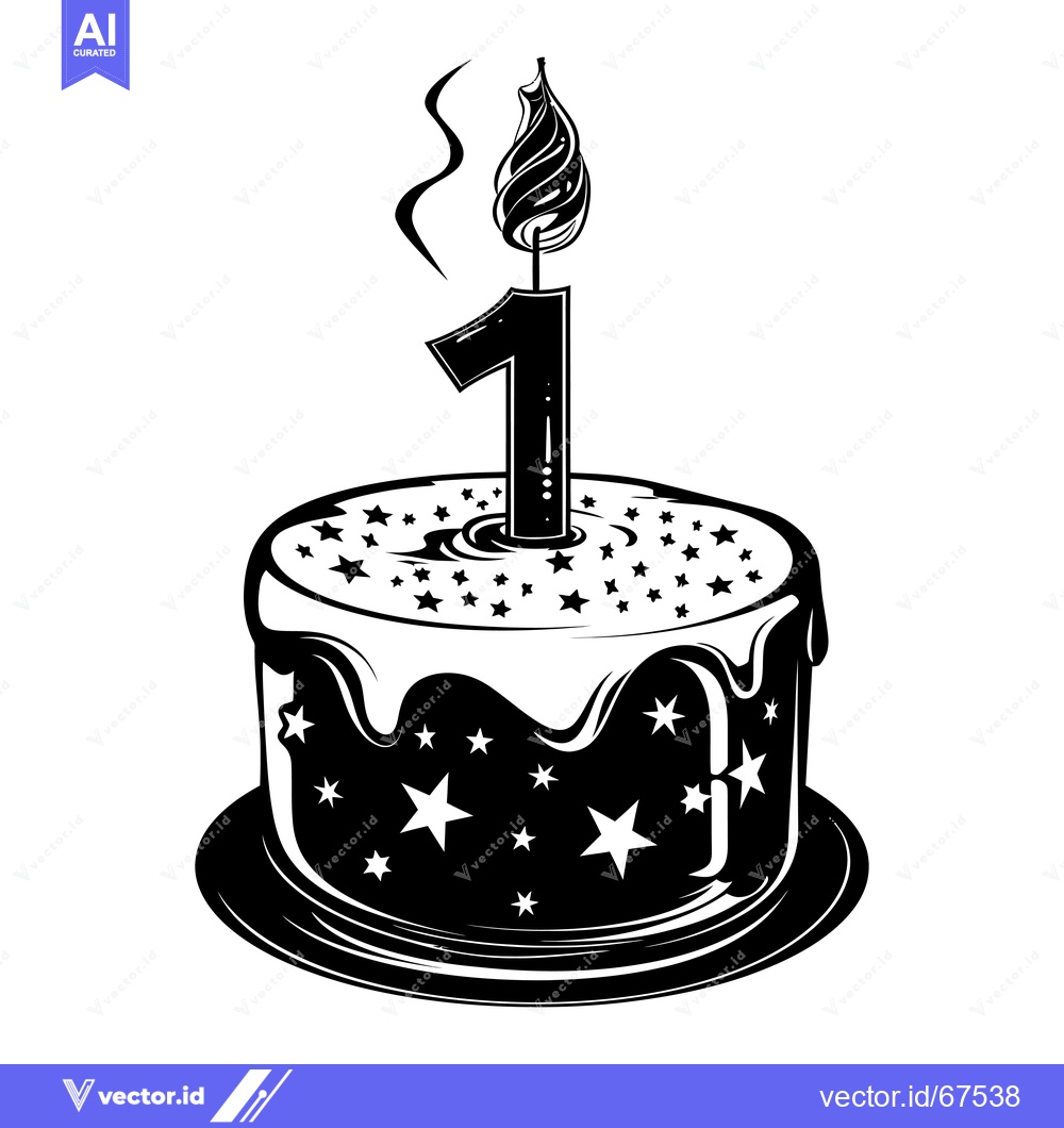 Premium Vector of Black and White Birthday Cake with Number One Candle and Stars