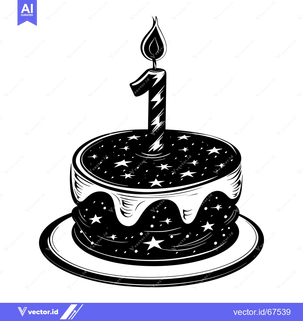 Premium Vector dari Black and White Illustration of a Birthday Cake with a Single Candle