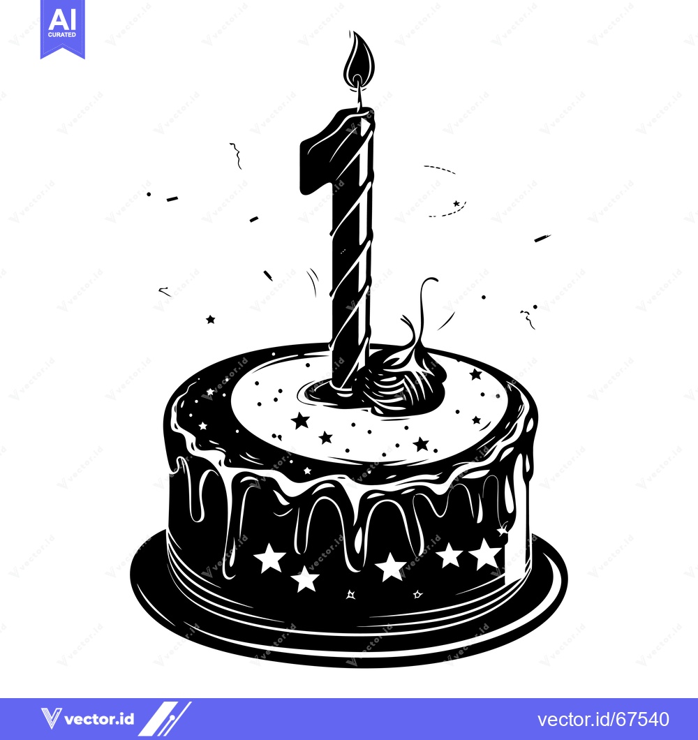 Premium Vector dari Black and White Illustration of a Birthday Cake with a Single Lit Cand