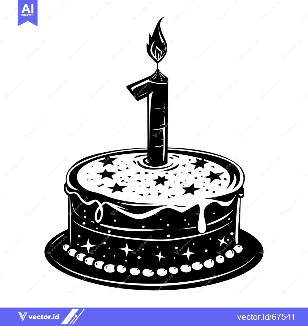 Premium Vector of Black and White Illustration of a Birthday Cake with a Single Candle