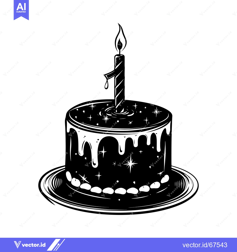 Premium Vector of Black and White Illustration of a Birthday Cake with a Single Candle
