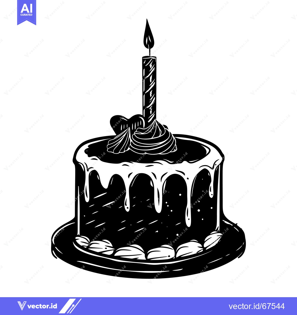 Premium Vector of Black and White Illustration of a Birthday Cake with a Candle