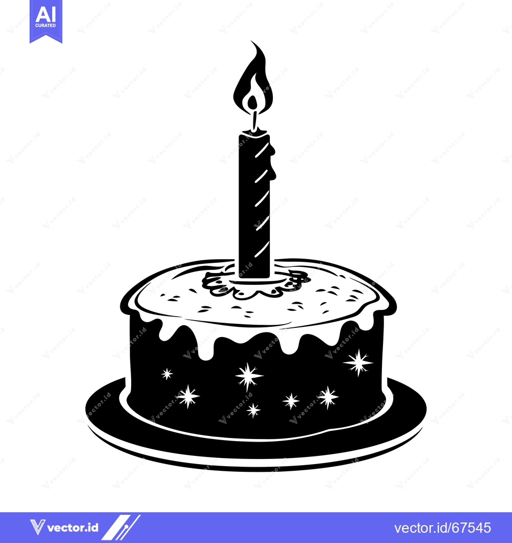 Premium Vector dari A Black and White Illustration of a Birthday Cake with One Lit Candle