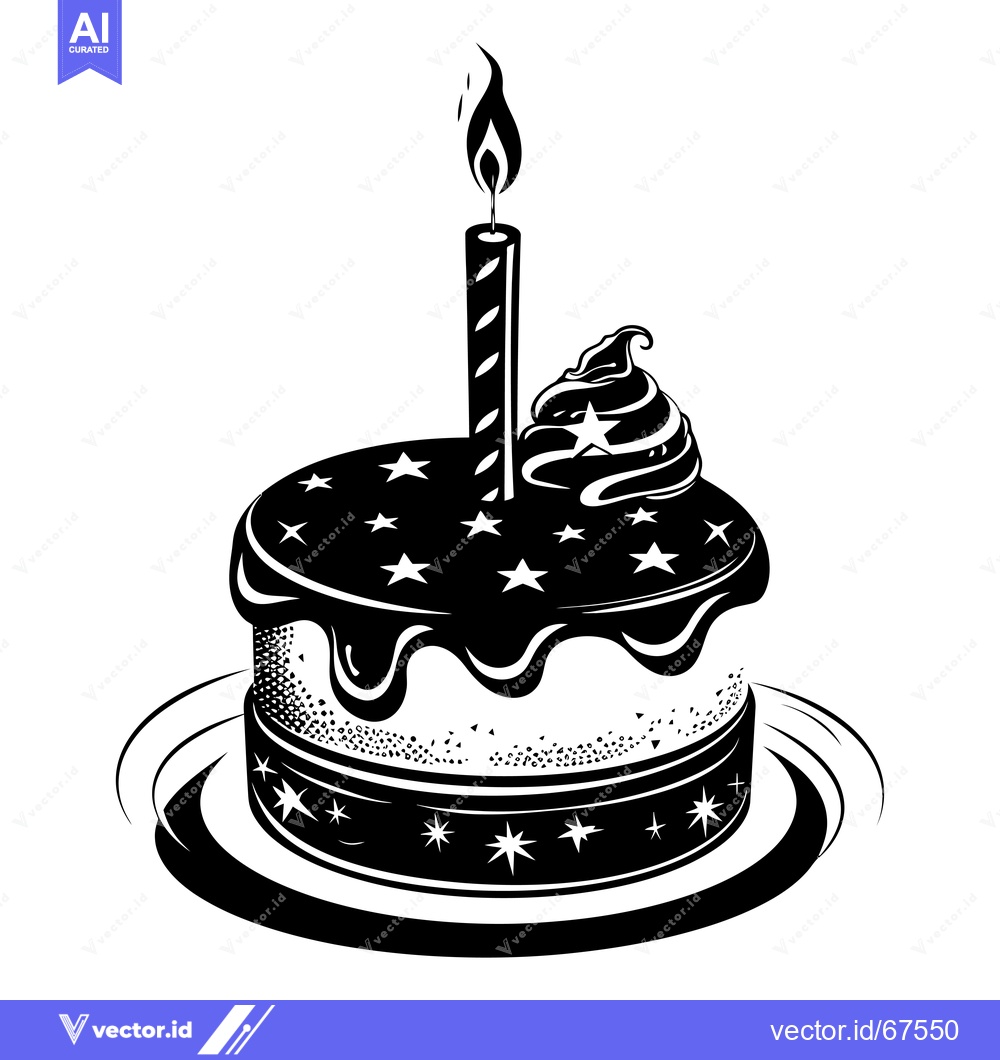 Premium Vector dari Black and white illustration of a birthday cake with a lit candle