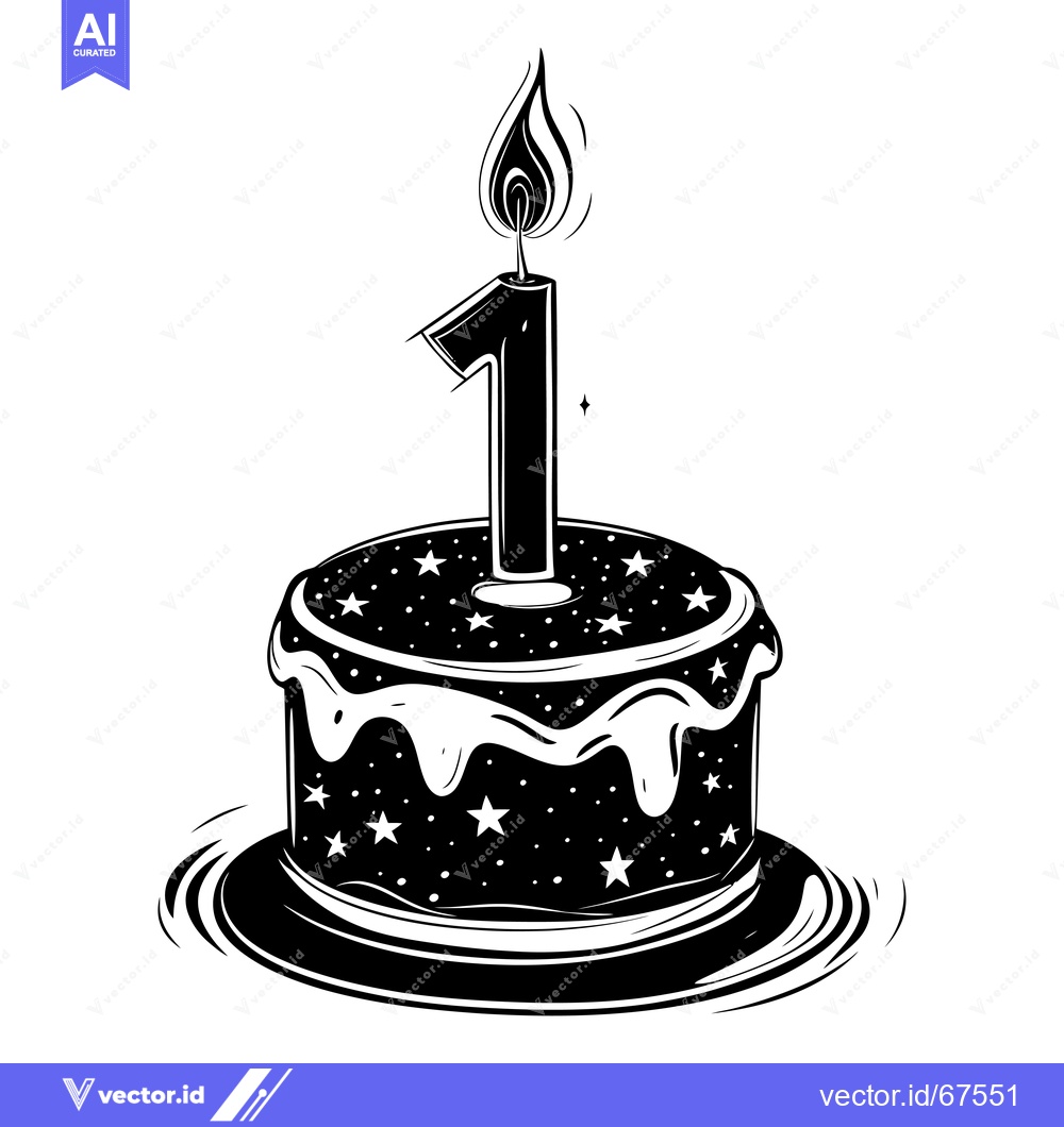 Premium Vector dari A Black and White Illustration of a Birthday Cake with a Single Lit Ca