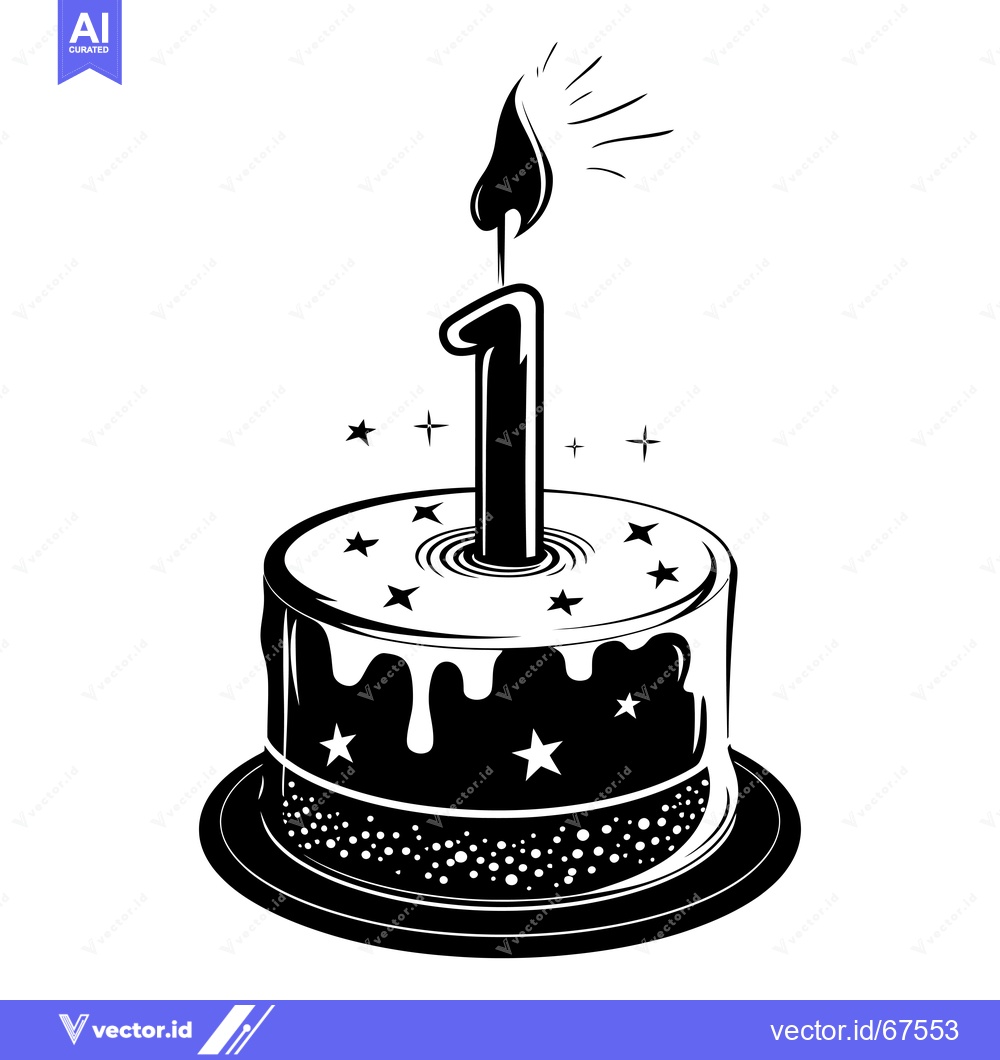 Premium Vector dari Black and White Birthday Cake with Candle Number One