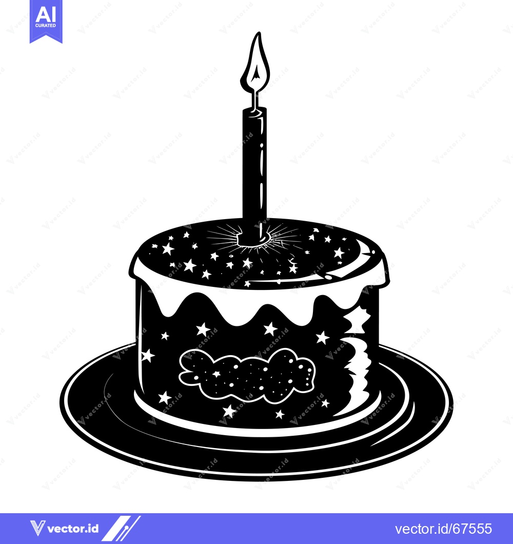 Premium Vector dari Single Candle on a Starry Birthday Cake with a Plate