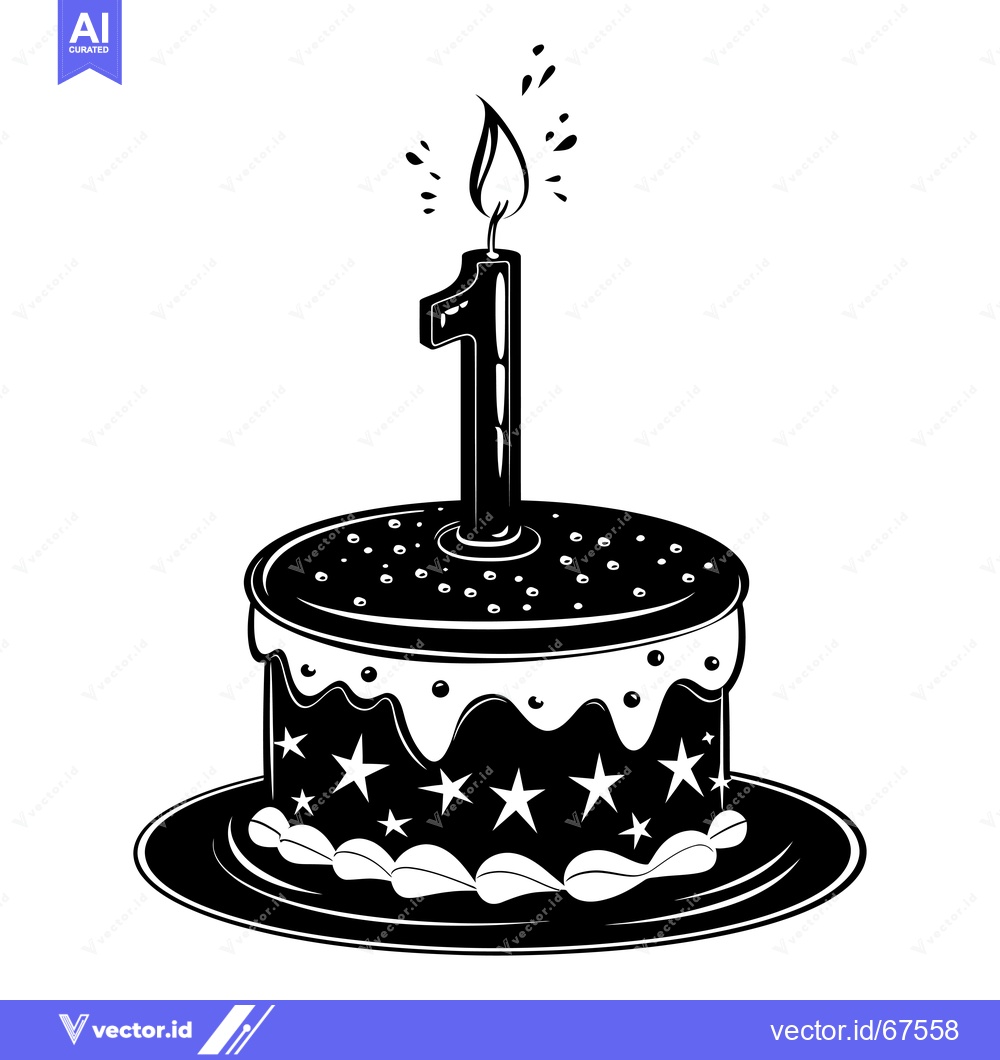 Premium Vector dari Black and White Illustration of a Birthday Cake with a Single Candle