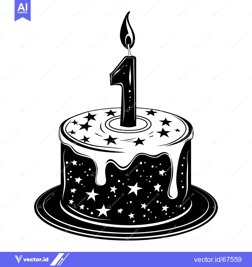Premium Vector dari A Birthday Cake with a Lit Candle Number One and Stars