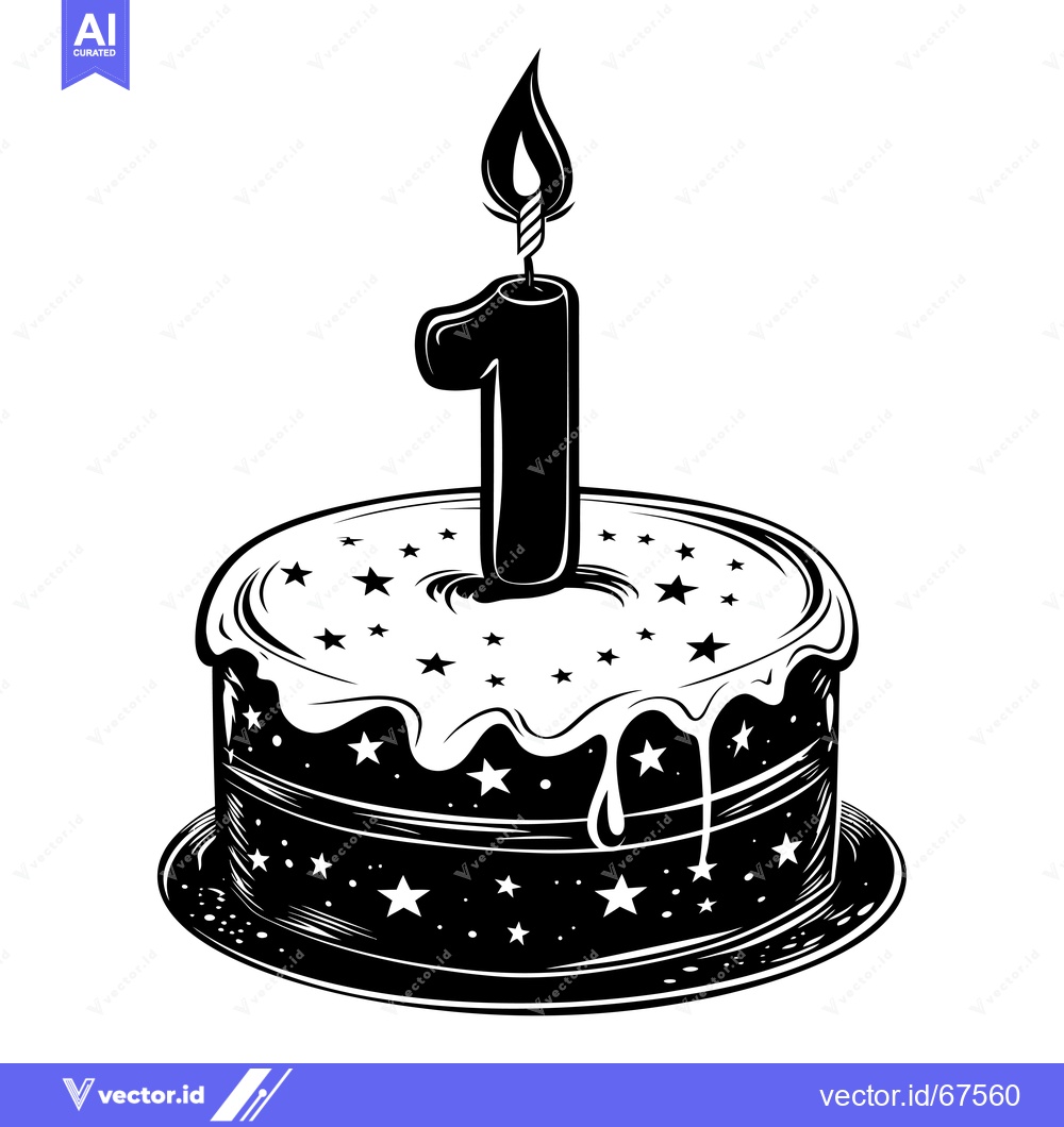 Premium Vector of Black and White Birthday Cake with Number One Candle and Stars