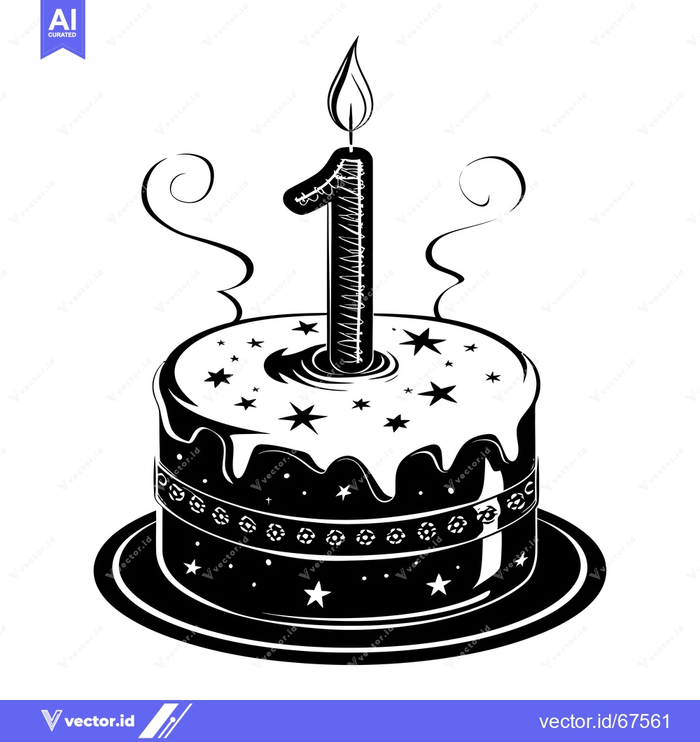 Premium Vector of Black and White Illustration of a Birthday Cake with a Candle Shaped L